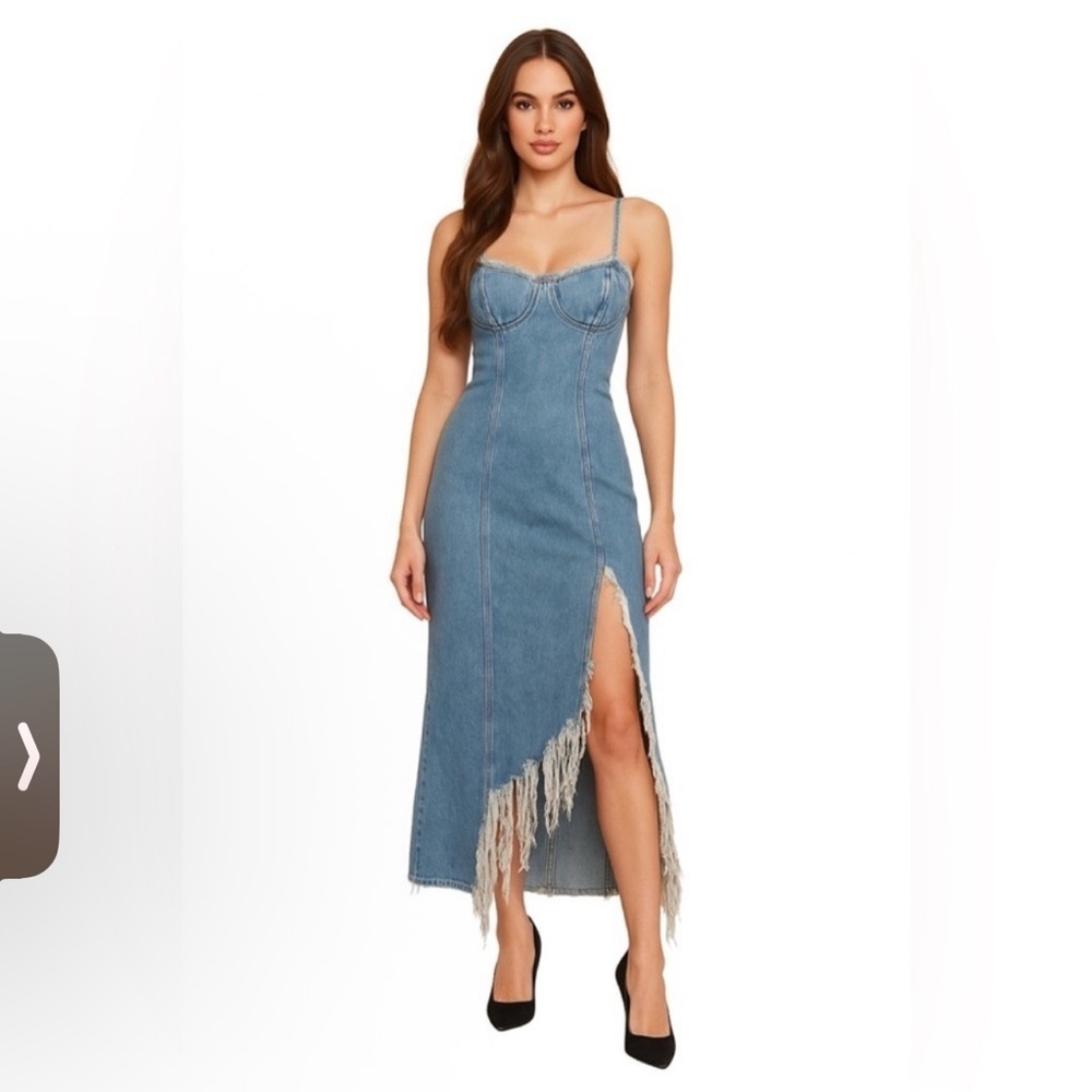 Good American Denim Midi Dress with Frayed Slit - Blue